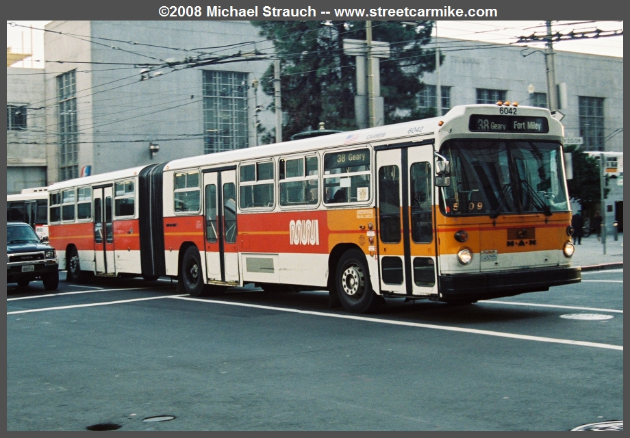 M-A-N 6042 on 38 Geary leaves Transbay Terminal in 2000. 