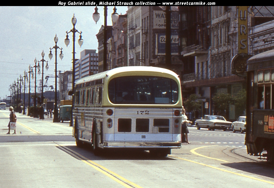 A rear shot of Flxible 172 inbound at Canal and St. Charles on September 1,...